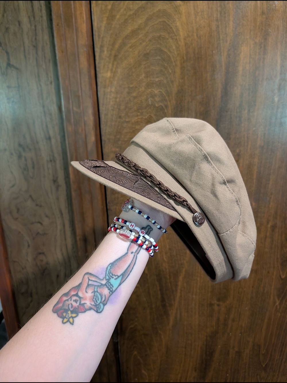 Women’s Tan Canvas Baker Boy Hat with Braided Trim